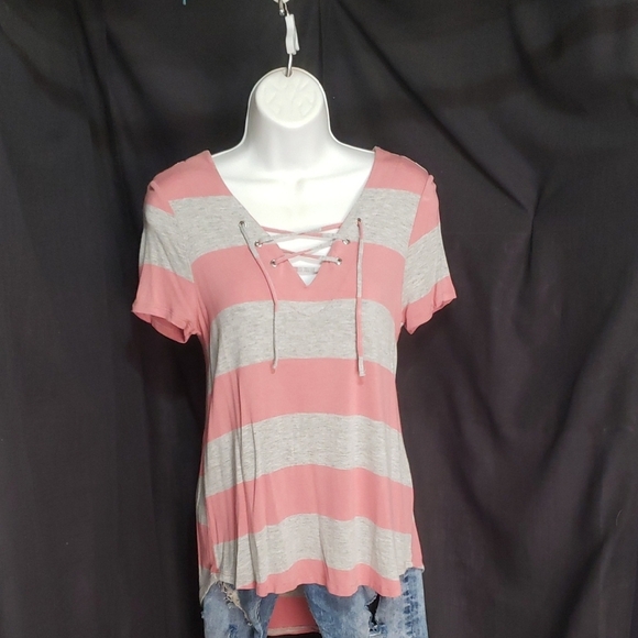 Rue 21. Women's Pink and Gray Striped Lace-Up T-Shirt. Size M  GUC - Picture 1 of 9